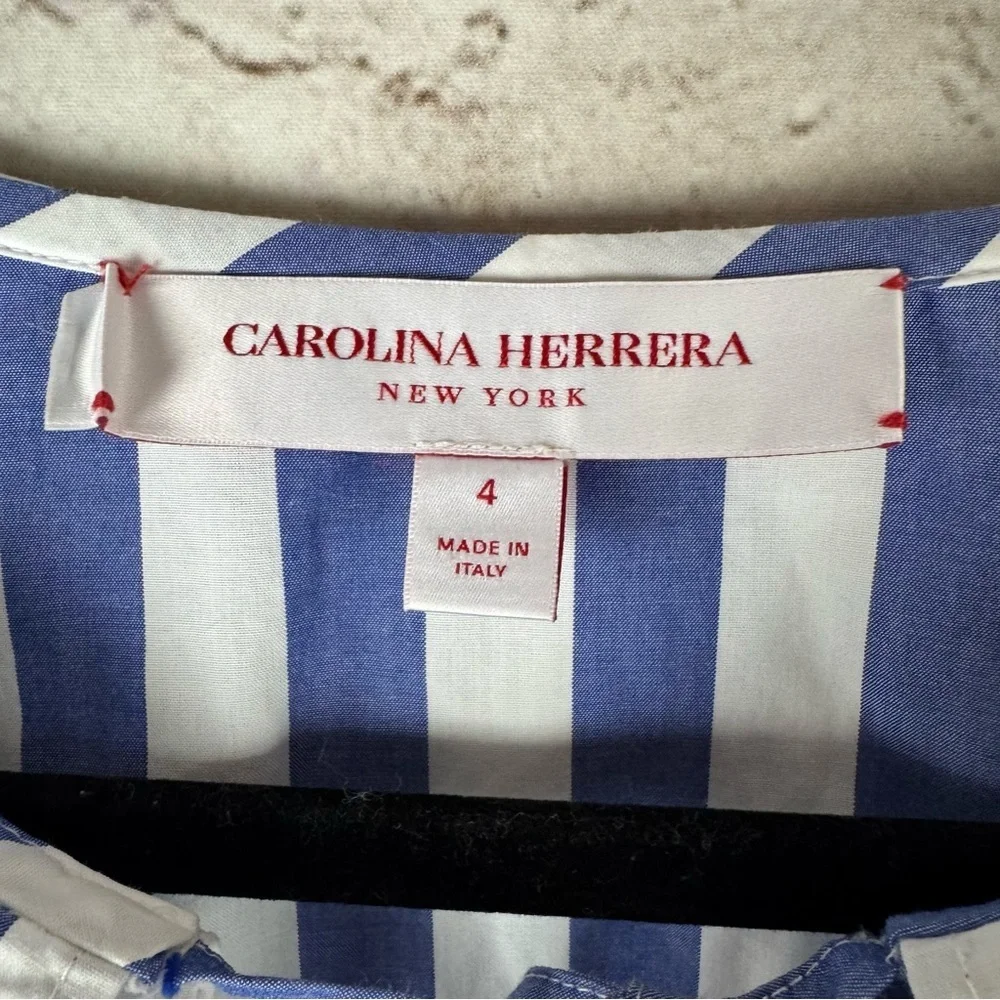 Carolina Herrera New York Size 4 Ruffled Stiped Cotton-Poplin Blouse Blue White - Picture 3 of 12